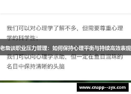 老詹谈职业压力管理：如何保持心理平衡与持续高效表现